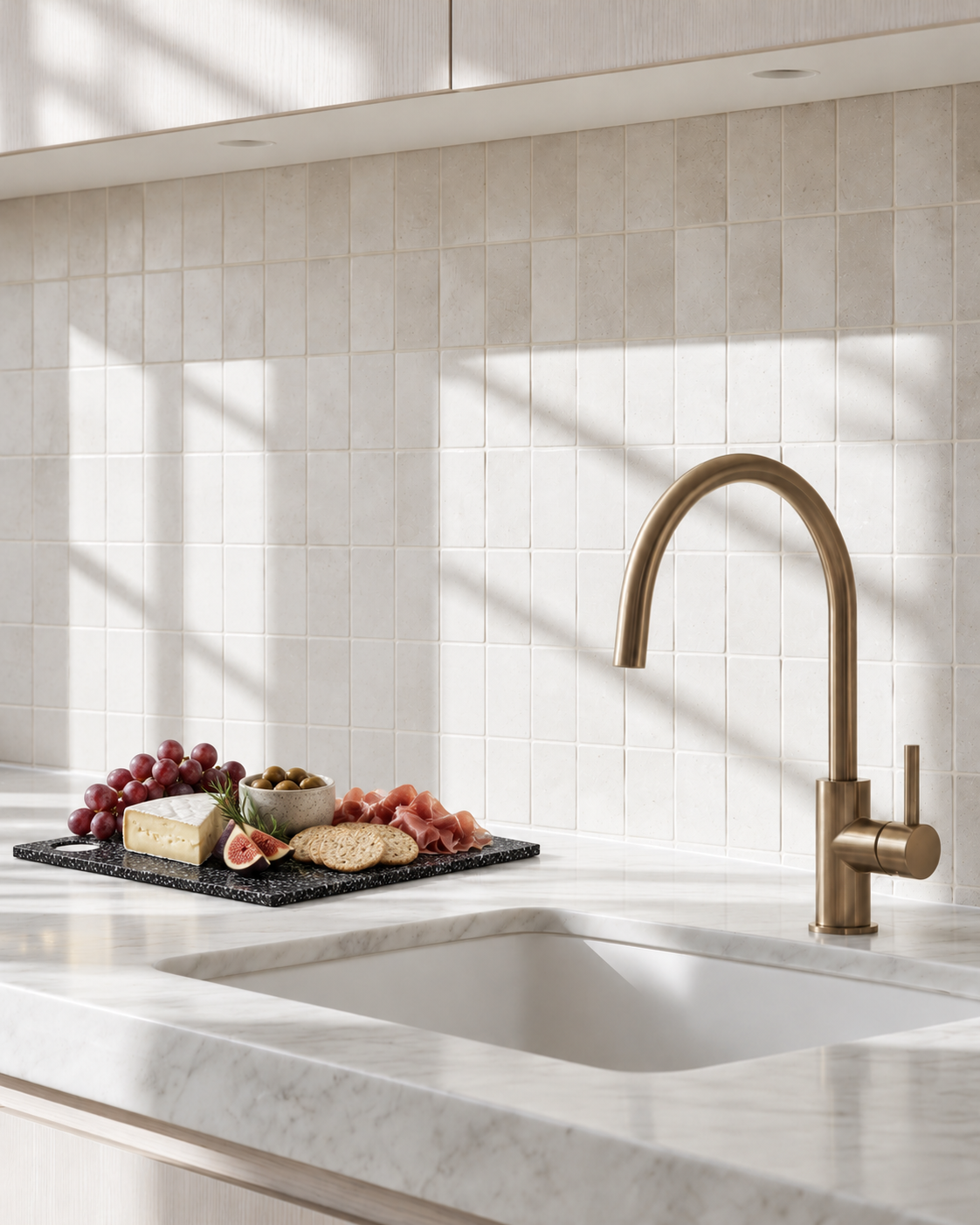 Black Zakkia terrazzo serving board styled with charcuterie, cheese, olives, figs, grapes and crackers on a kitchen benchtop