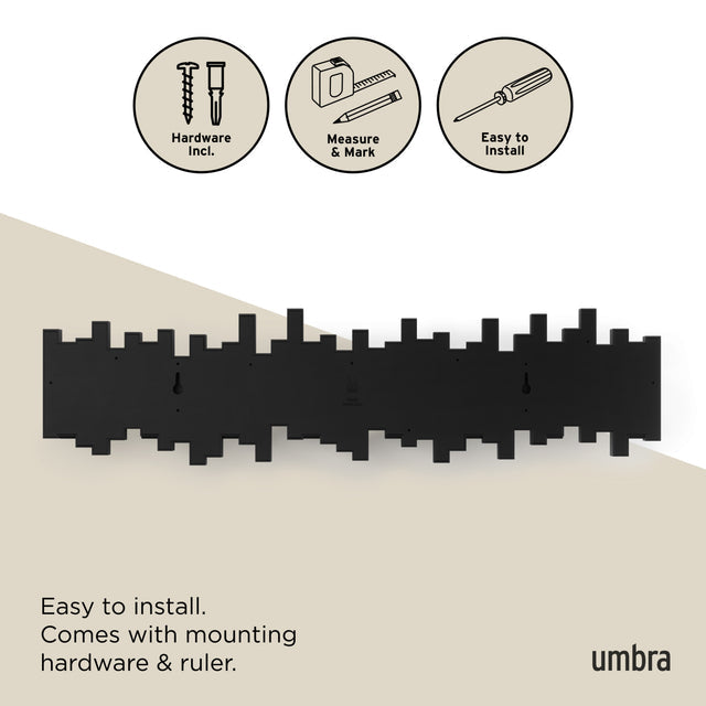 Umbra Sticks 8 hook rack in black, supplied with mounting hardware and a paper ruler