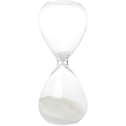 White sand hourglass in frameless blown glass, the two bulbs meeting at a narrow waist