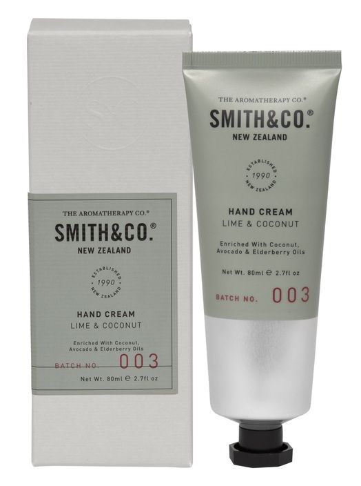 The Aromatherapy Co Smith & Co Hand Cream – Lime & Coconut in a box with a nourishing formula.