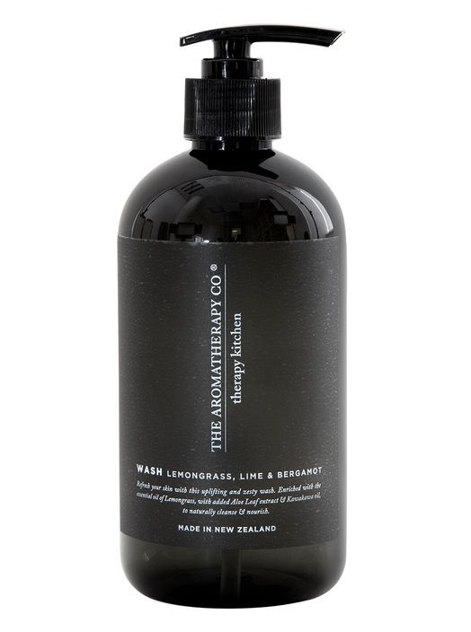 An uplifting bottle of Therapy® Kitchen Hand Wash - Lemongrass, Lime & Bergamot by The Aromatherapy Co on a white background that refreshes the skin.