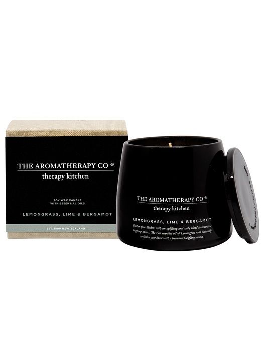 The Therapy® Kitchen Candle - Lemongrass, Lime & Bergamot by The Aromatherapy Co is specifically designed for the kitchen. It incorporates the refreshing scent of lemongrass to neutralize lingering odors and provide a calming environment.