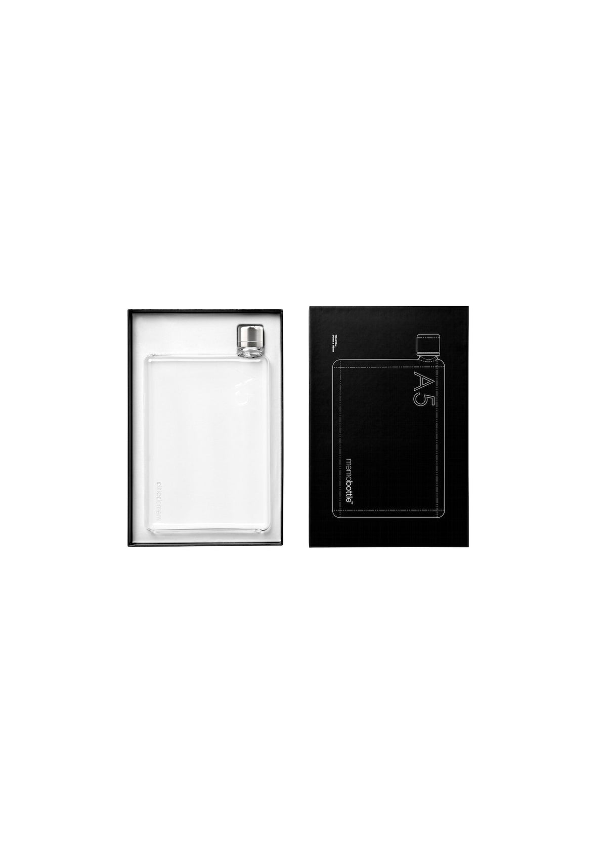 Two A5 memobottles side by side, one clear and one black