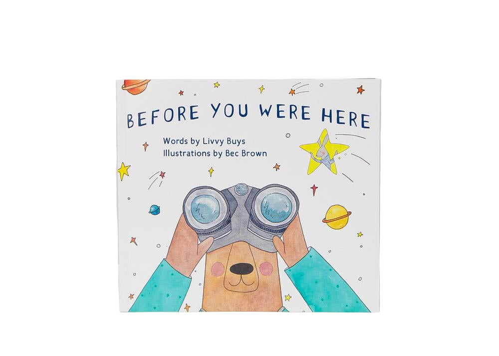 Before You Were Here picture book cover, a bear peering through binoculars among stars