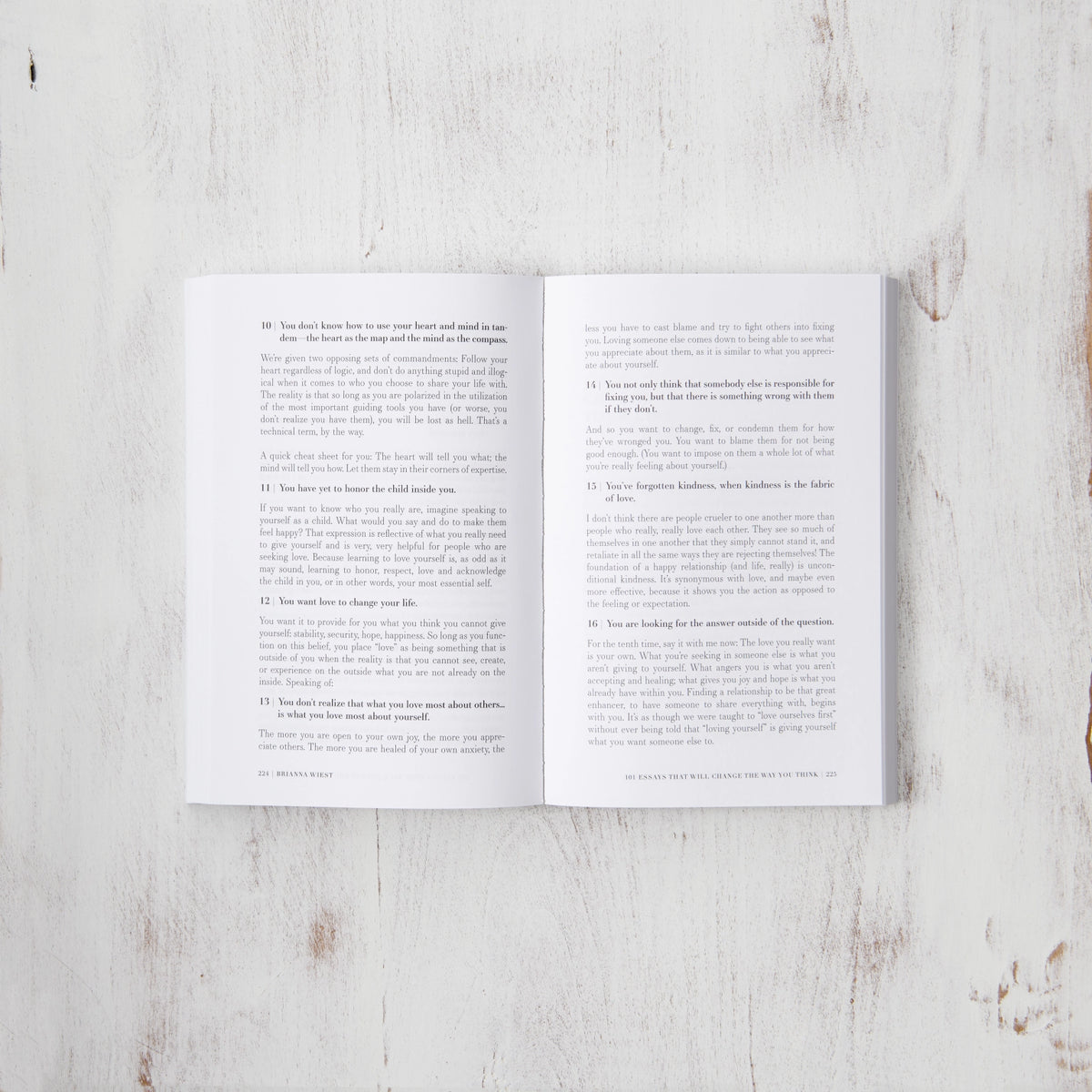 101 Essays lying open on pale washed timber, showing a two page spread of text
