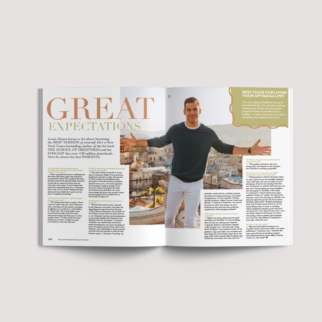 Collective Issue 55 feature spread with a man in a dark jumper and a gold headline