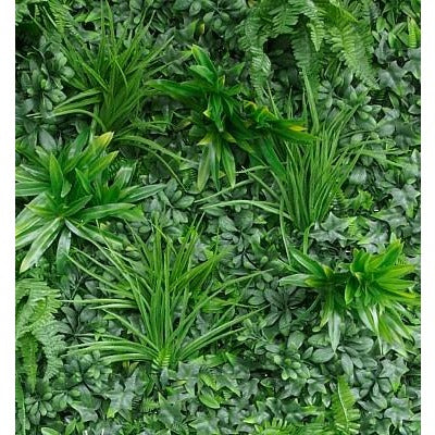 Close-up of the mixed artificial foliage panel showing varied leaf texture