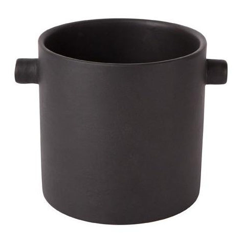 Zakkia small black ceramic pot with side handles, front view