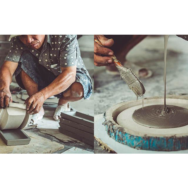 Two pictures of a man working on a pottery wheel creating the Terrazzo Square Tray - Black Seashell by Zakkia.