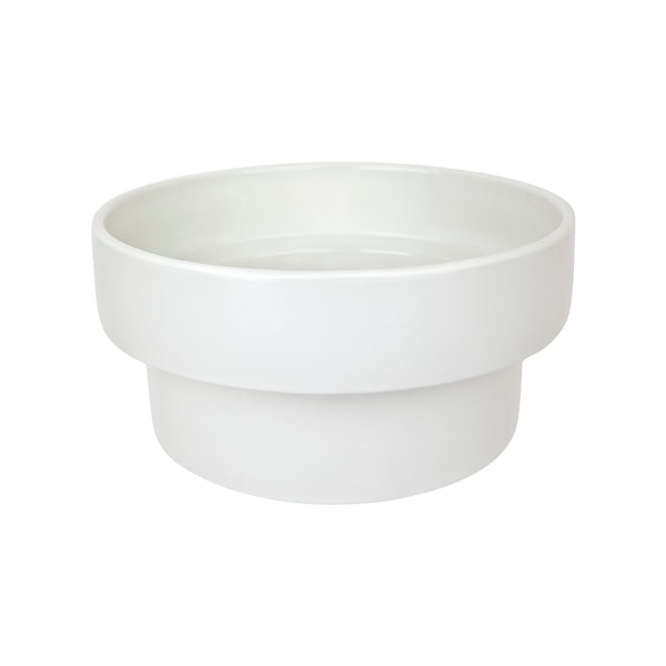 An architectural silhouette of a Zakkia Podium Pot - Flat Glazed White bowl with texture on a white surface.