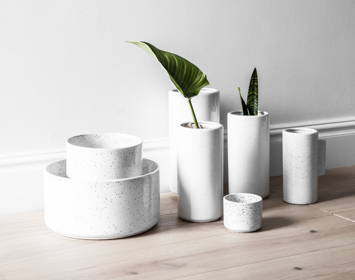 A group of Zakkia Embers Table Planter - Small Charred and an organic finish plant on a wooden floor.