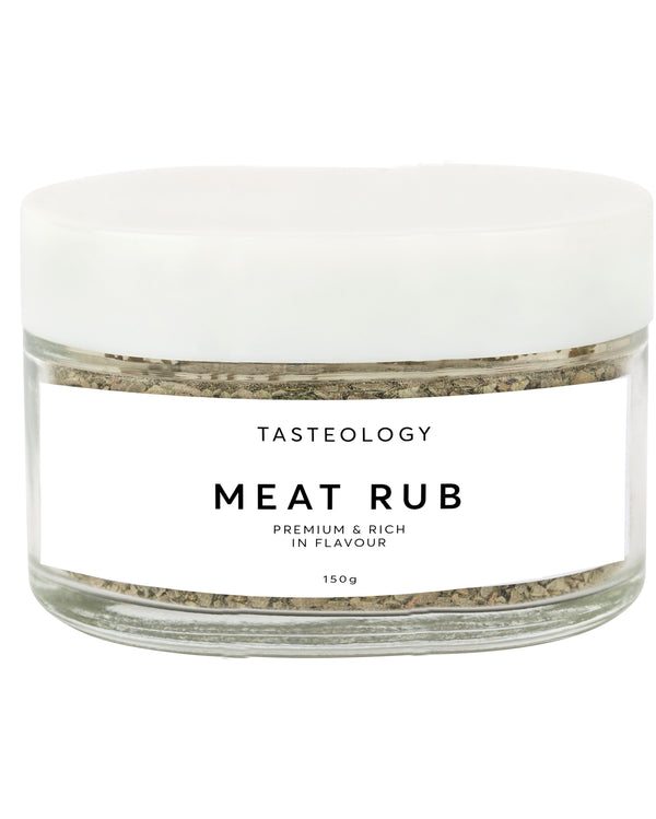 Tasteology's flavorful Tasteology Meat Rub showcased in a white background.