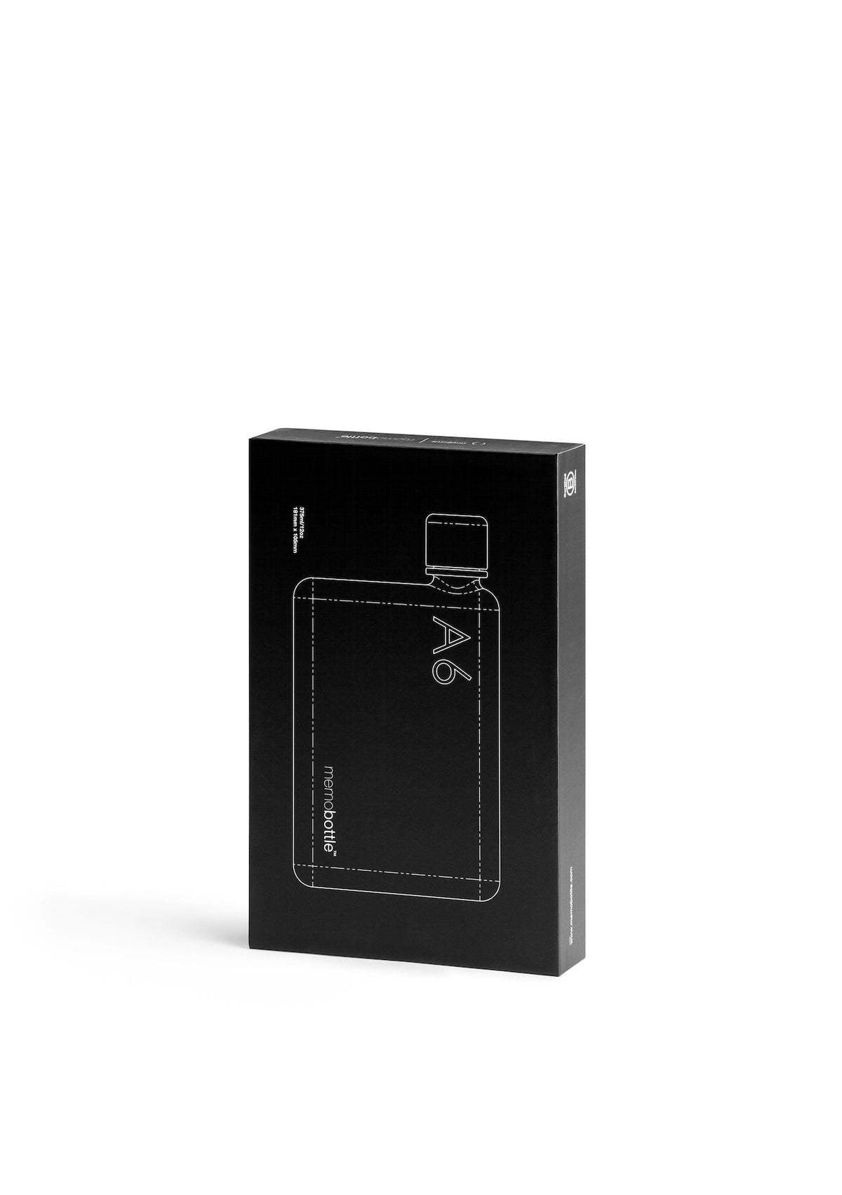 A sleek, minimalistic black box showcasing the iconic white A6 Memobottle logo.