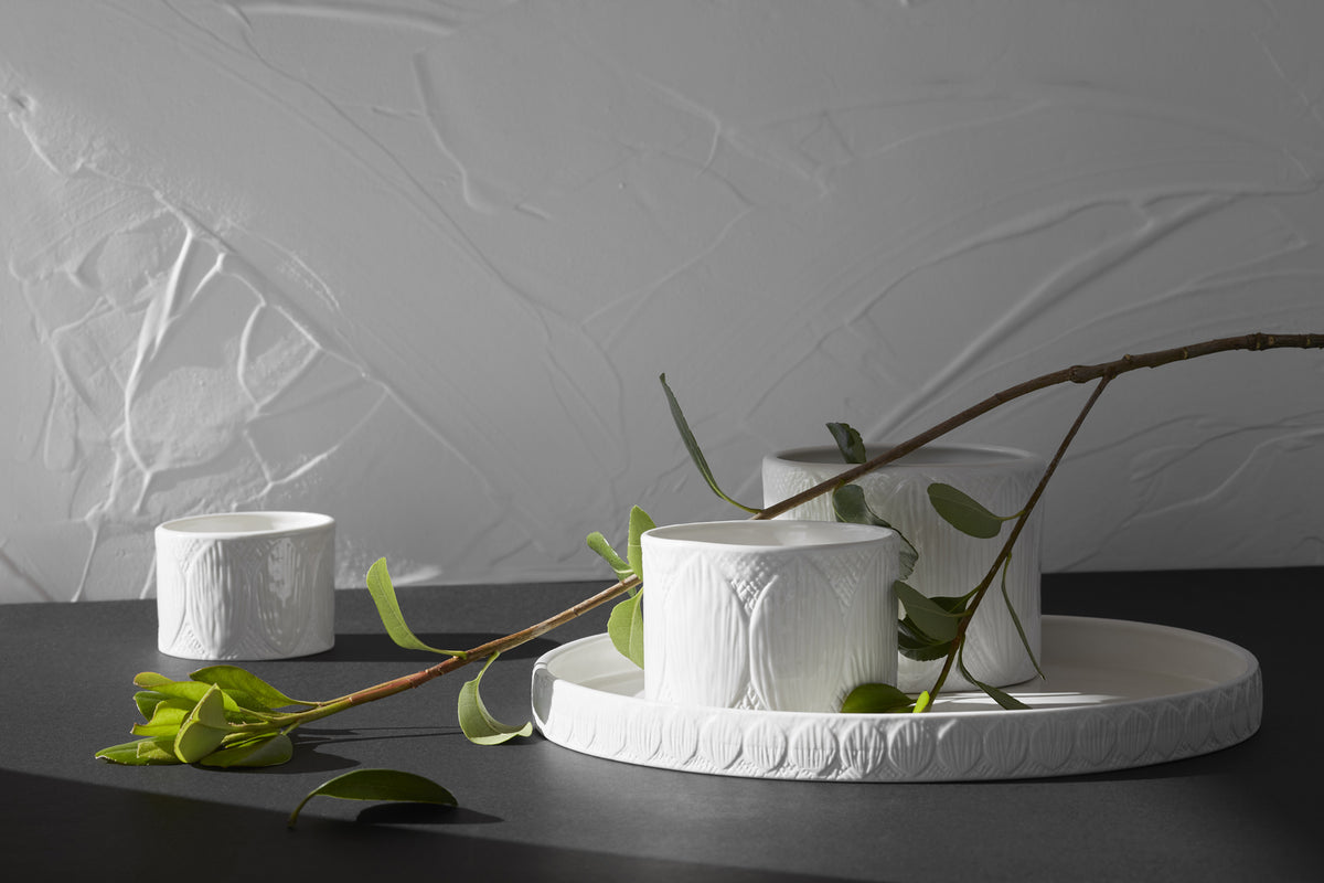A Zakkia white Kapok Pot - Set of 3 with a cracking branch on it.