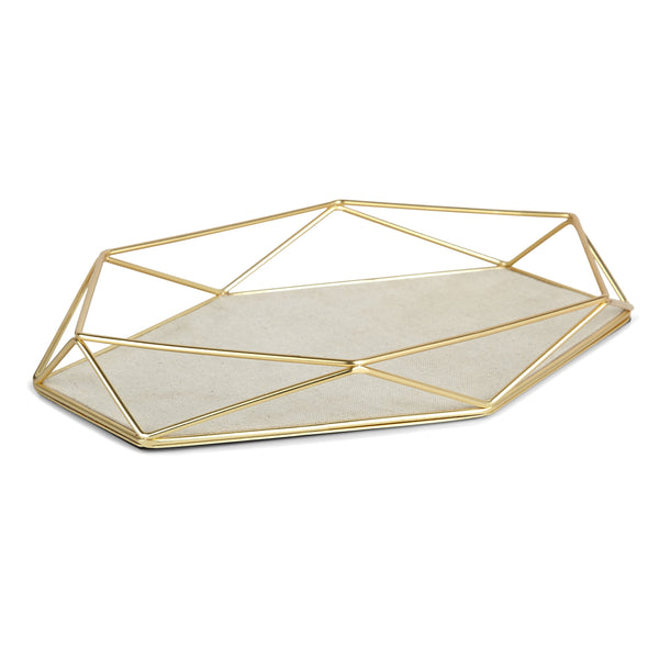 A modern gold tray with a geometric design, part of the Umbra range and inspired by the Prisma Jewellery Tray - Matt Brass.