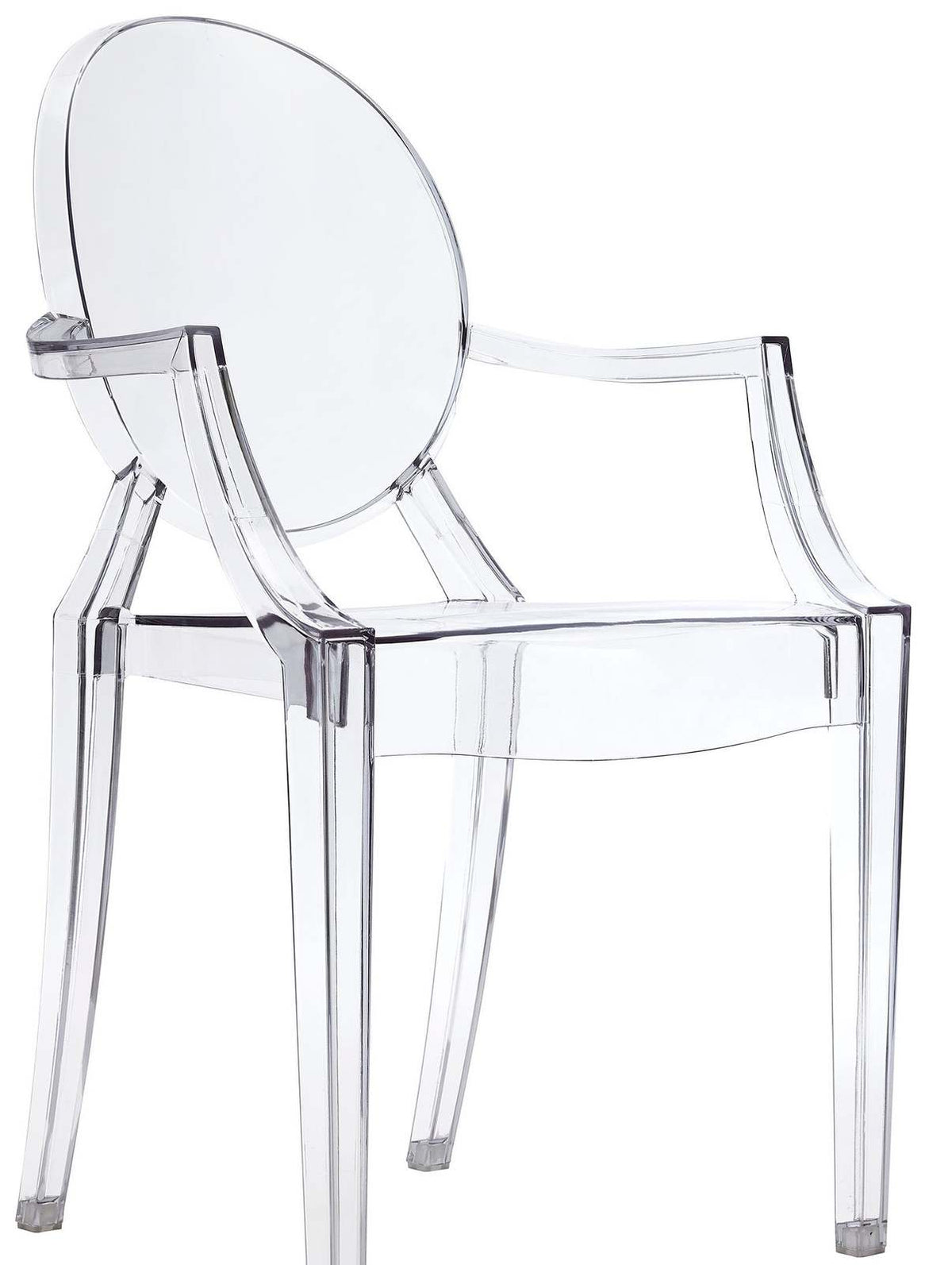 Clear acrylic armchair angled to the right, showing the depth of the seat and arms