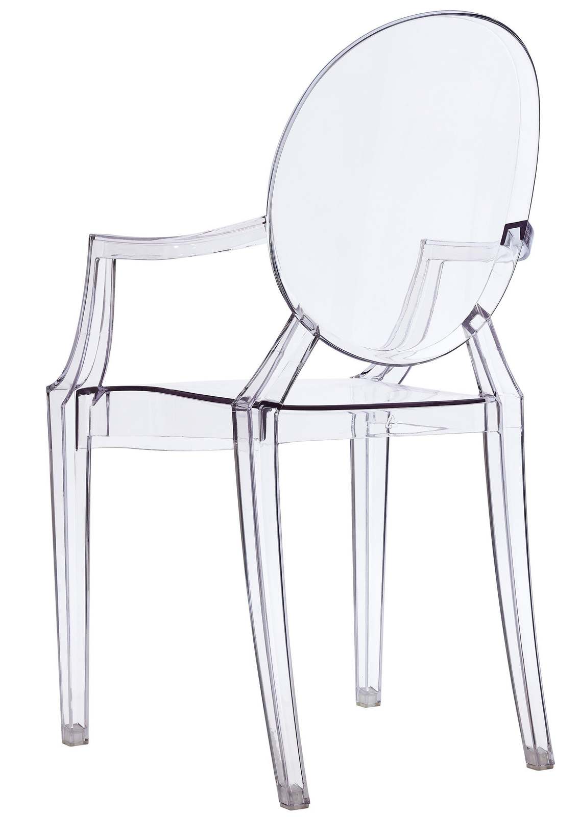 Clear acrylic armchair angled to the left, the oval back catching the light
