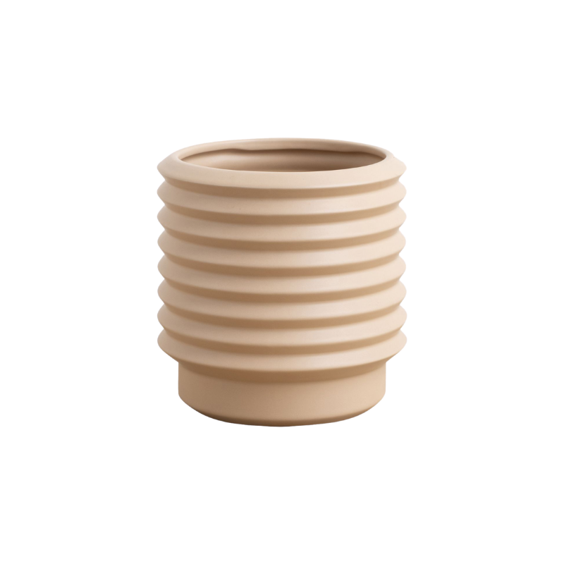 A Berlin Self Watering Planter - Nude with internal drainage saucer on a white background, by Potted.