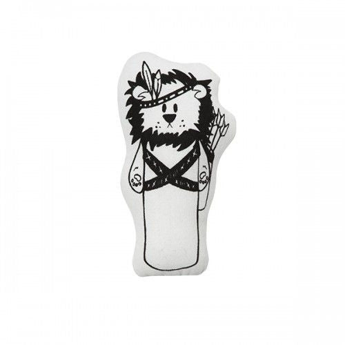 Liam the Lion soft toy with a black and white illustrated face and mane, on white