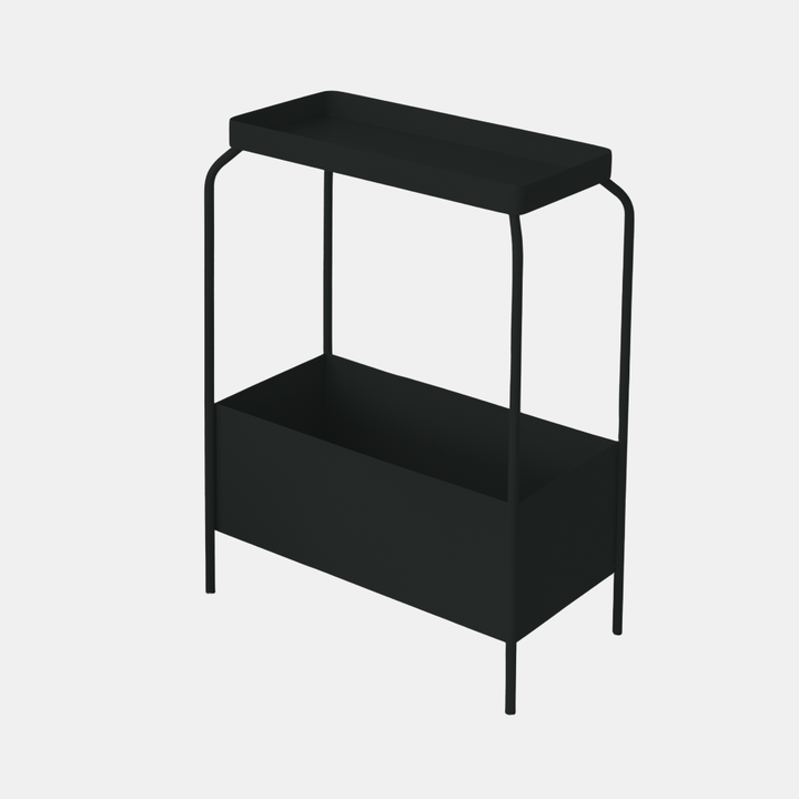 A black powder-coated Metal Planter Stand - Various Options by Garcia Home, with a shelf, perfect for decorative accessories.