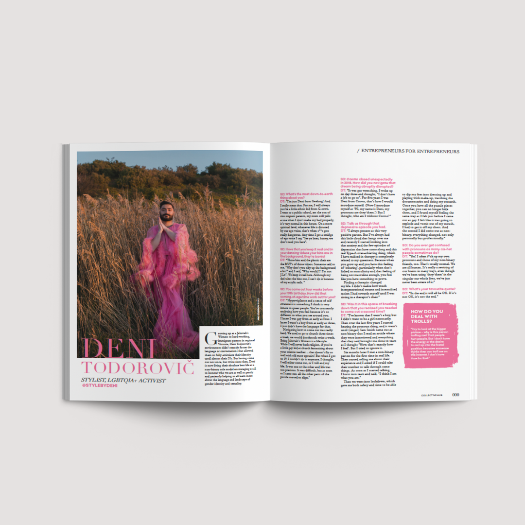 Collective Issue 55 spread with a figure in a pink dress in tall grass beside article text
