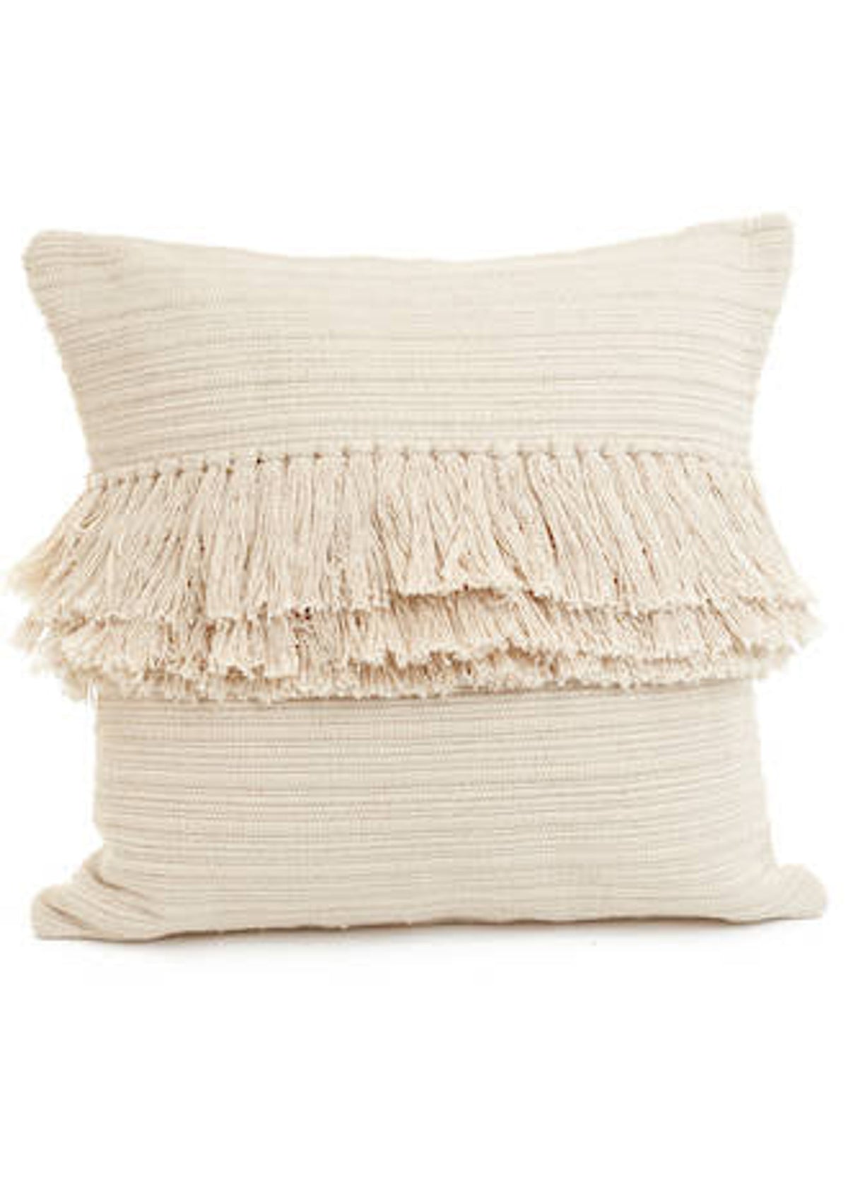 Cream handwoven cotton cushion with a wide band of fringe across the front, on white