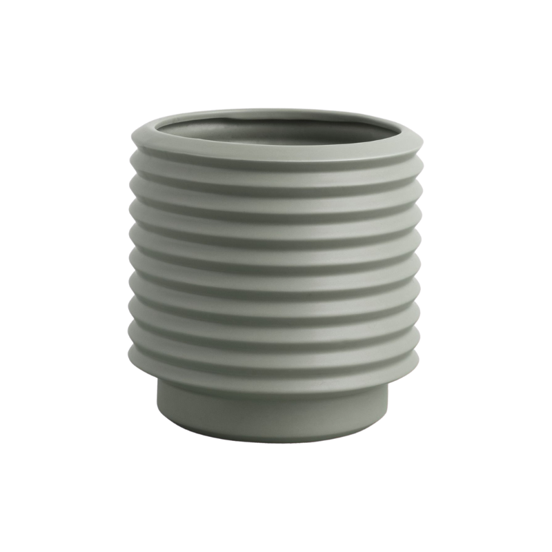 A slender, grey Potted Berlin Self Watering Planter - Eucalypt with an internal drainage saucer made of stoneware.
