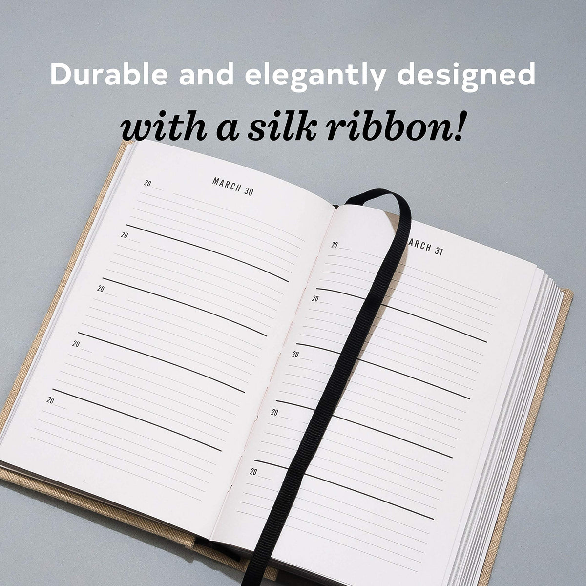 One Line a Day journal showing the canvas binding and silk ribbon marker