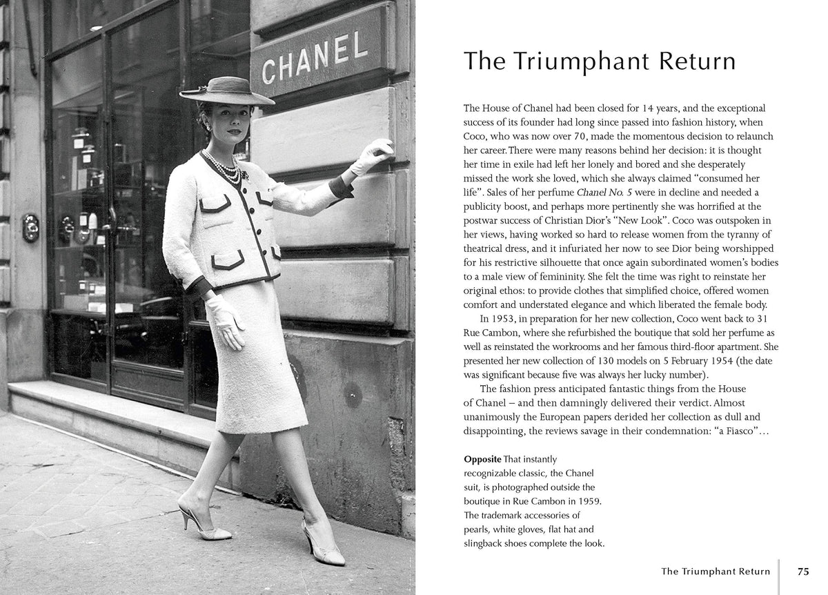 The Triumphant Return spread with a photo of a model in a Chanel suit outside the boutique