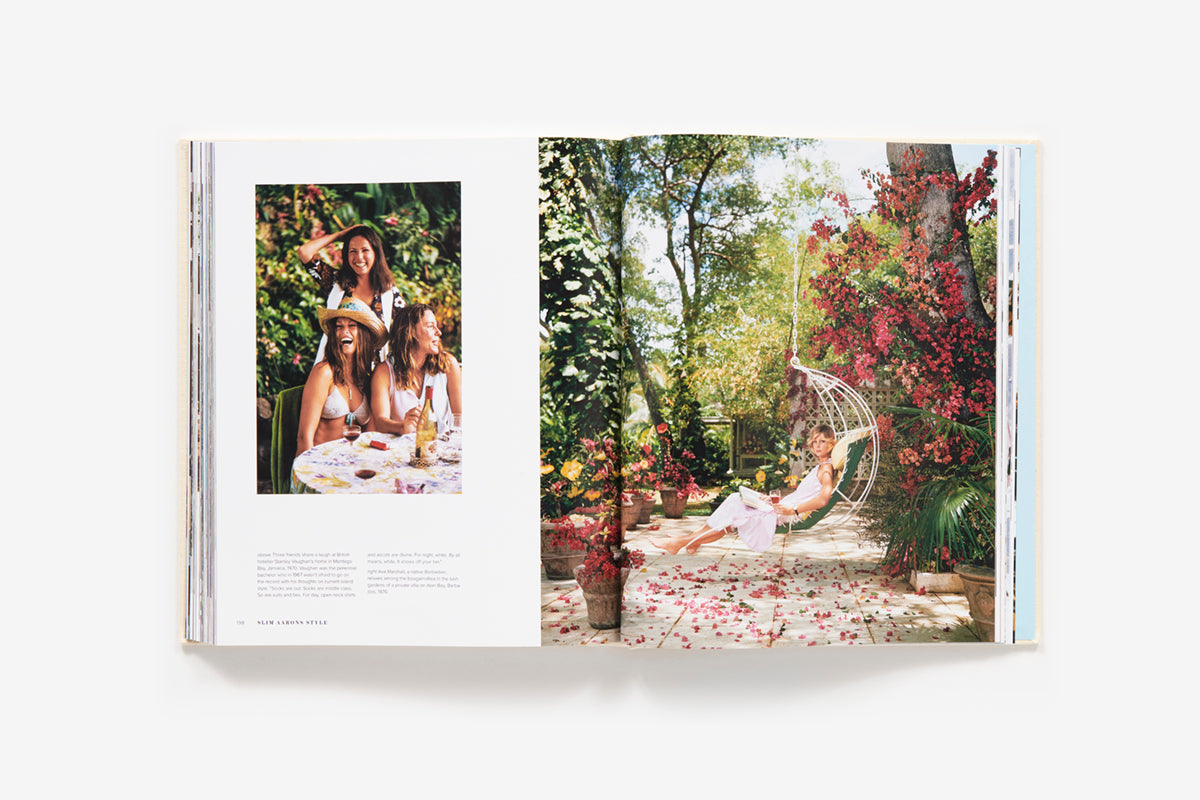Slim Aarons Style page spread showing a garden swing photograph