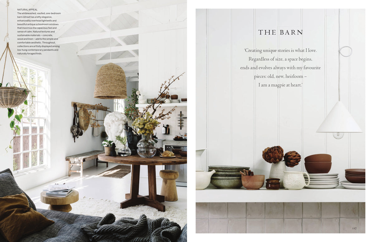 Curate spread on The Barn, a white timber interior with hanging baskets and a table of ceramics
