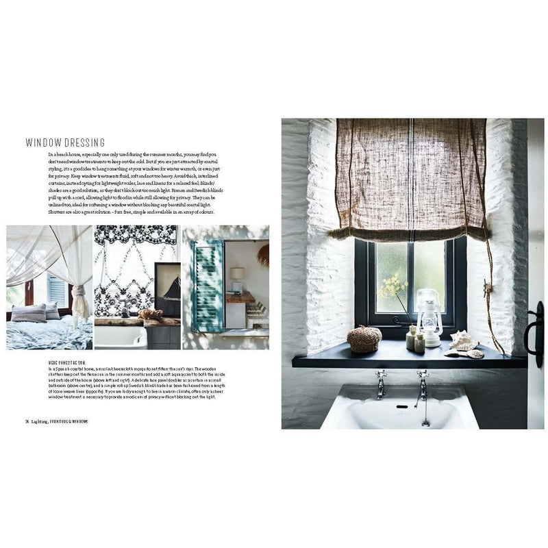 A page from the Relaxed Coastal Style Book by Sally Denning showcasing a coastal-style bathroom with a beautiful view of the ocean through its window.