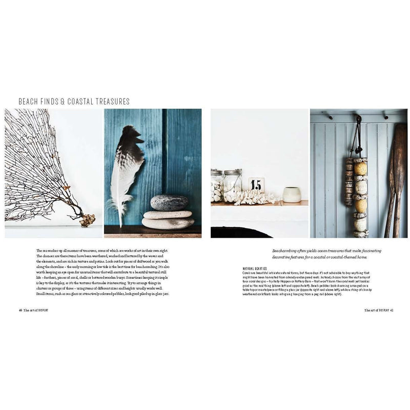 A spread of the Relaxed Coastal Style Book by Sally Denning, showcasing a picture of a table and a vase with ocean-inspired design, featured in Books magazine.