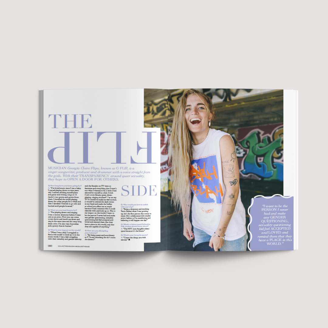 Collective Issue 55 feature spread with a portrait and a lilac headline