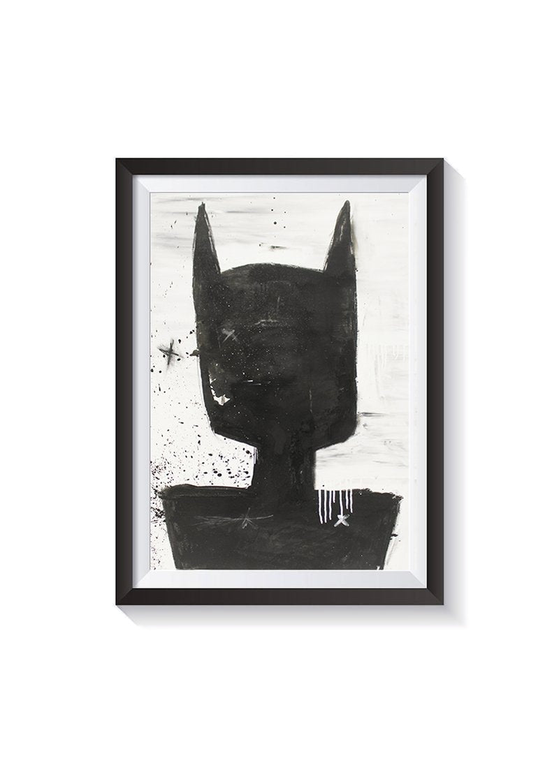 Batman Back print, a black ink figure in a pointed eared cowl seen from behind, in a black frame