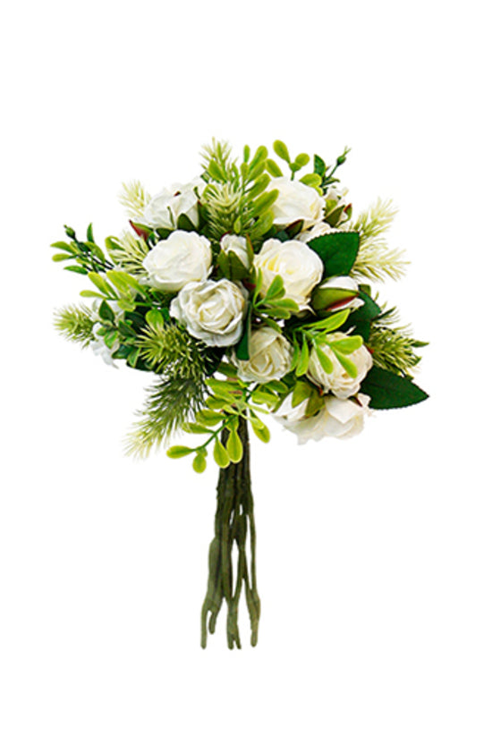 An Artificial Flora Rose Mixed Bouquet White and greenery on a white background.