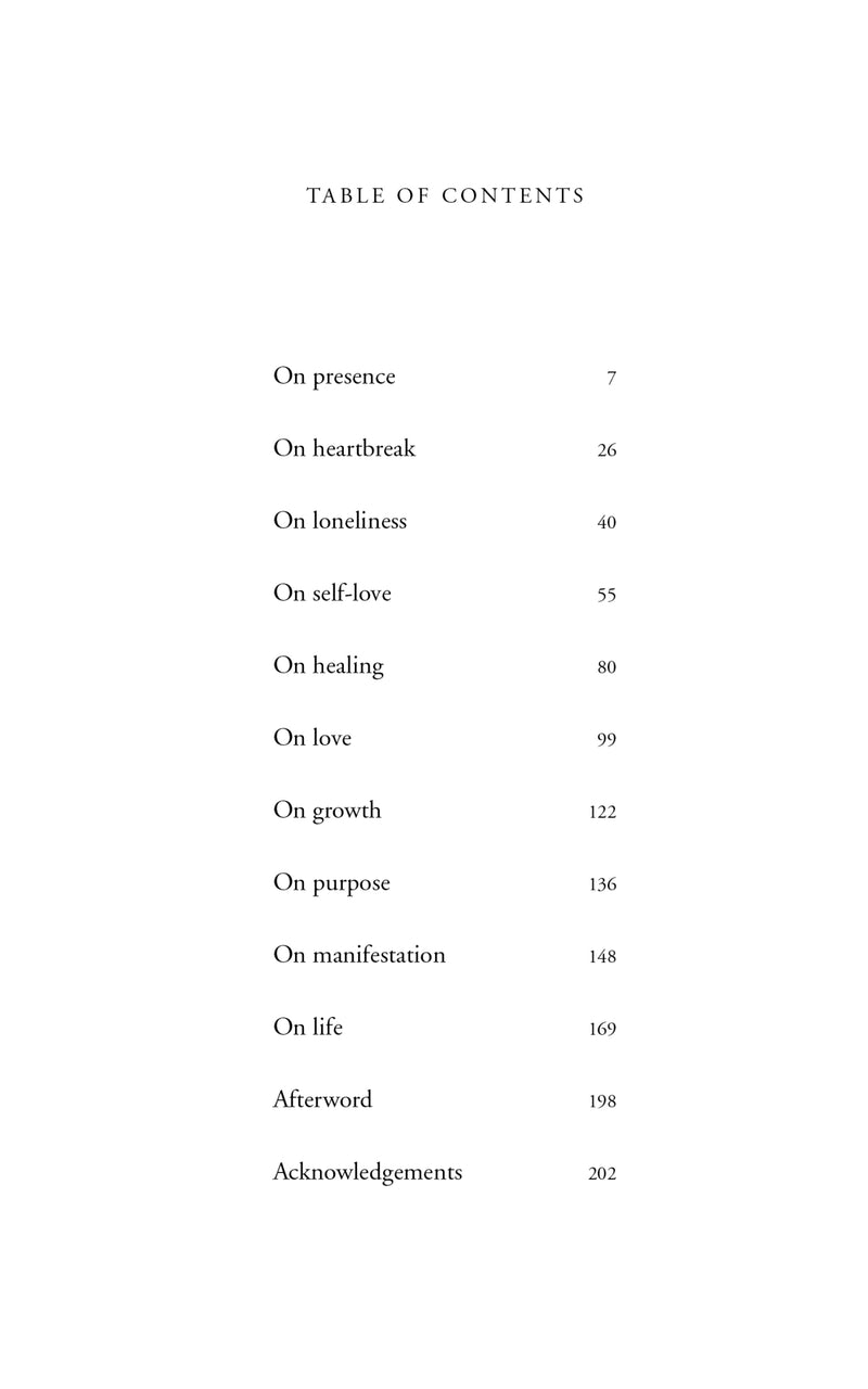 A table of contents for the book "Beauty in the Stillness" by Thought Catalog.