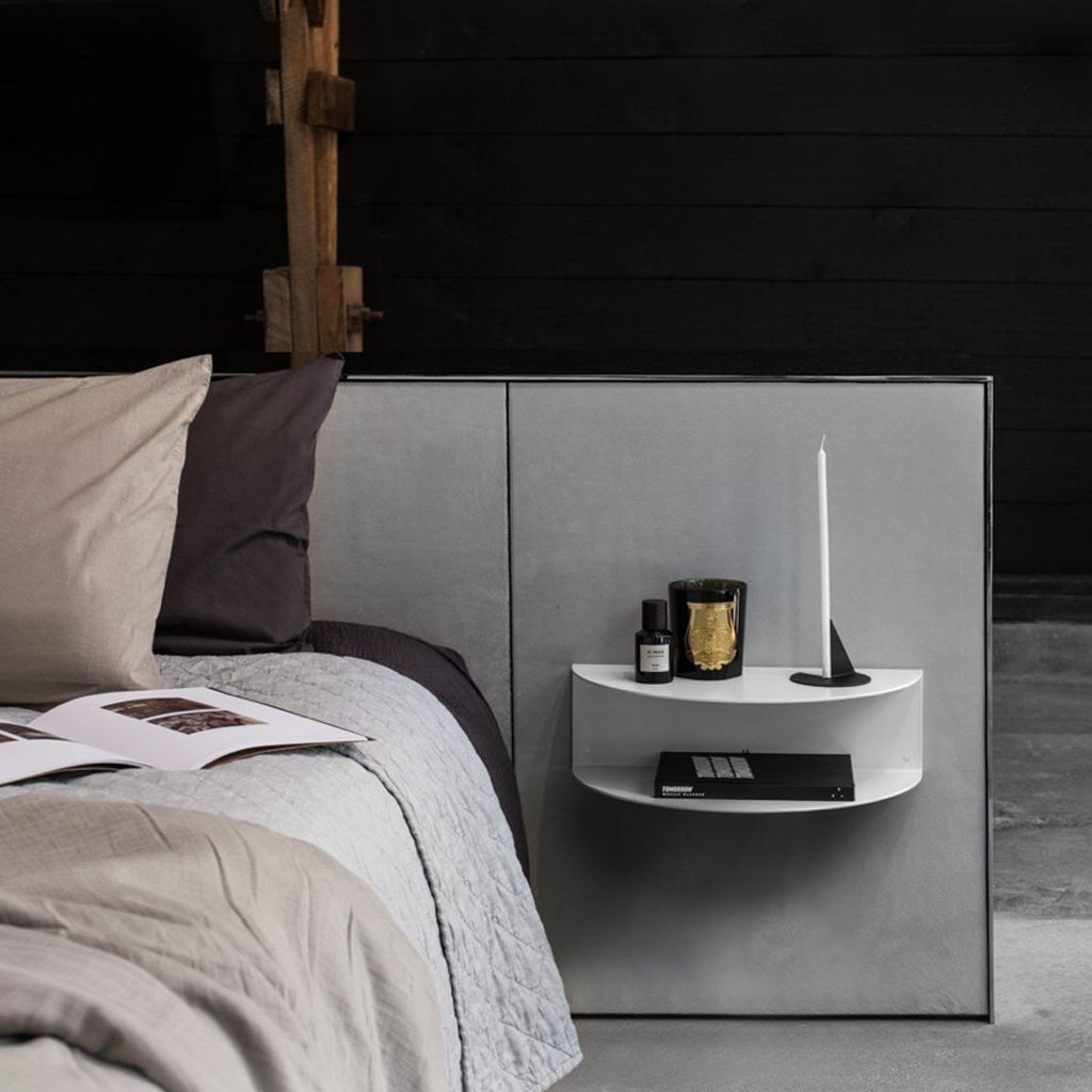 FOLD Bedside Table White styled in a small bedroom by Made of Tomorrow