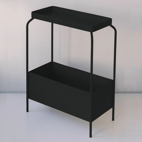 A Garcia Home Metal Planter Stand with a shelf, suitable for decorative accessories.