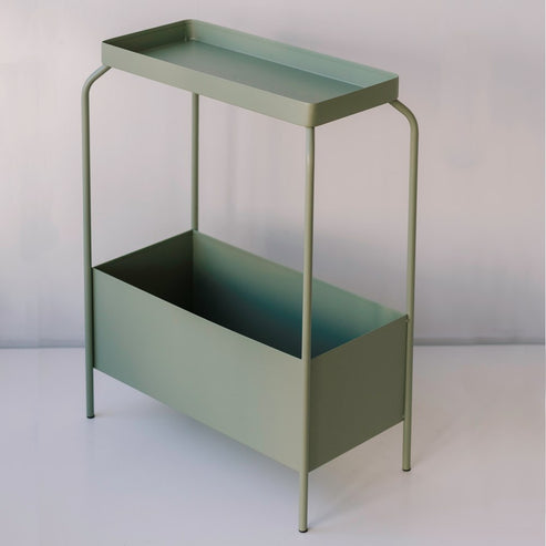 A powder-coated Garcia Home metal planter stand with a tray on top.