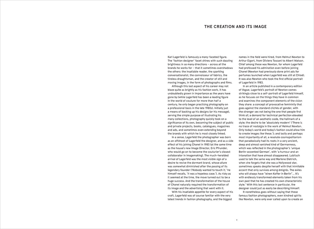 An open page of the book "Chanel: The Karl Lagerfeld Campaigns" by Books with text on it.