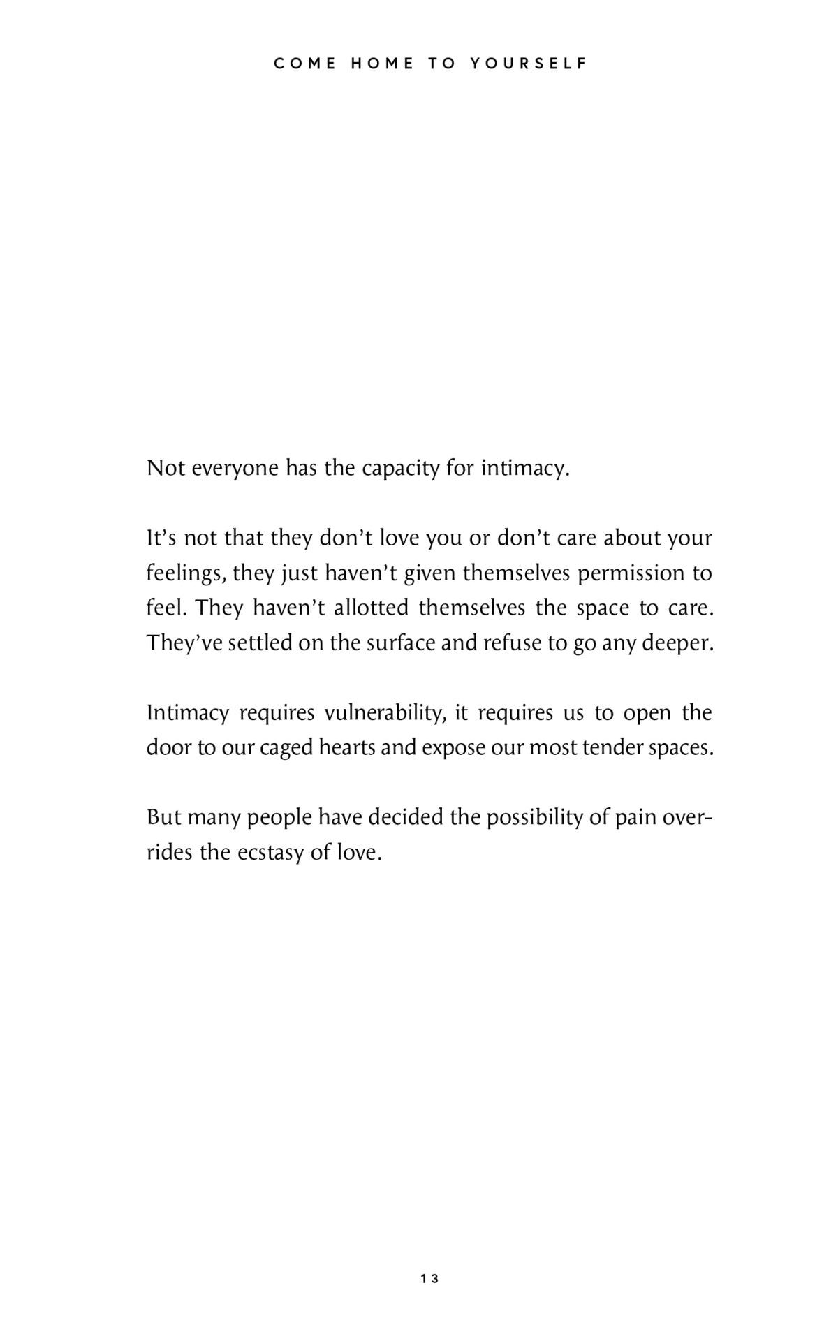 A black and white image of a page from the "Come Home to Yourself | Déjà Rae" design book by Thought Catalog.