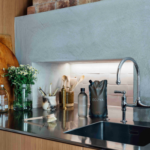 An Ecoya kitchen with a fragranced stainless steel sink.