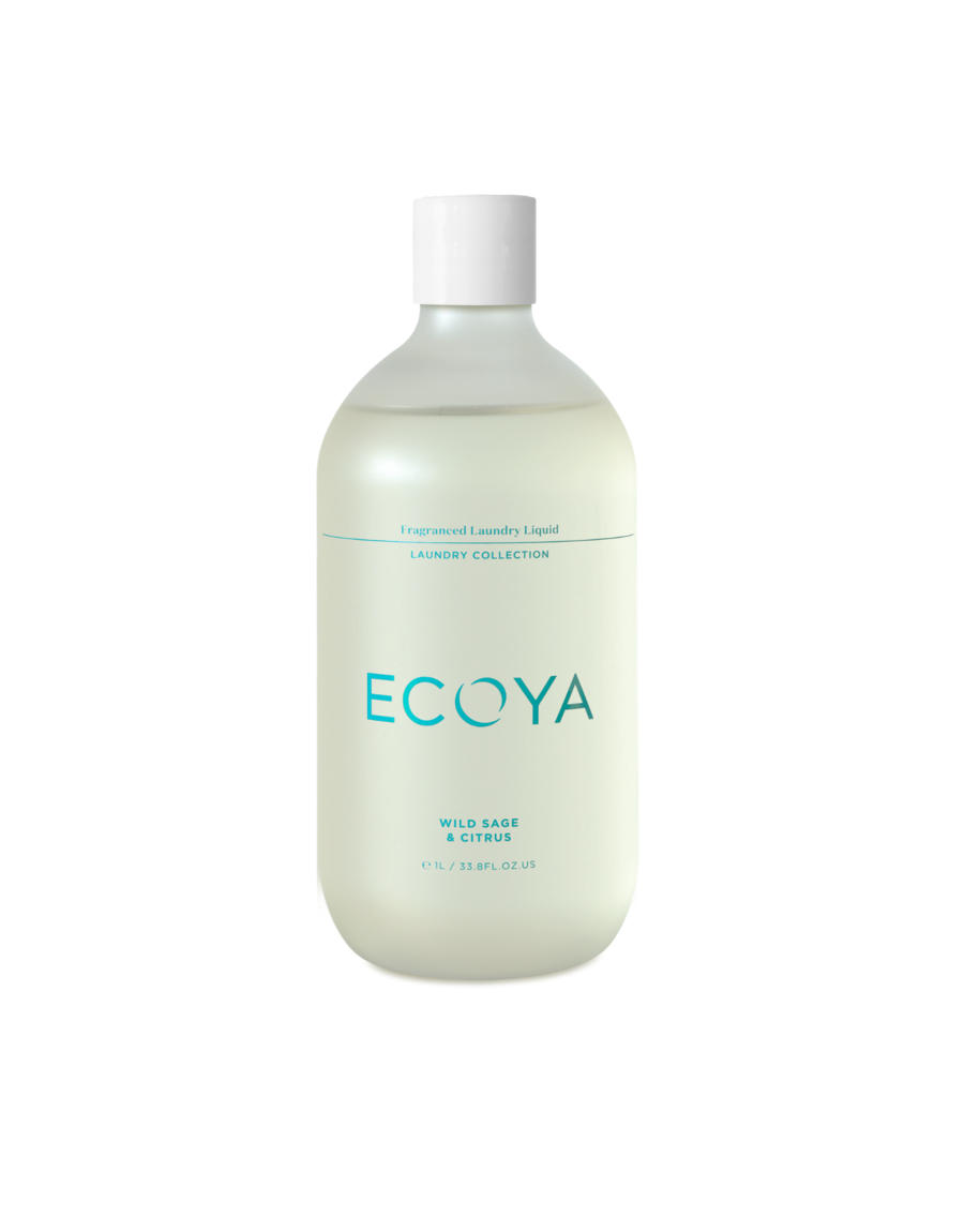 Ecoya Wild Sage and Citrus laundry liquid, 1 litre frosted bottle on a plain white background
