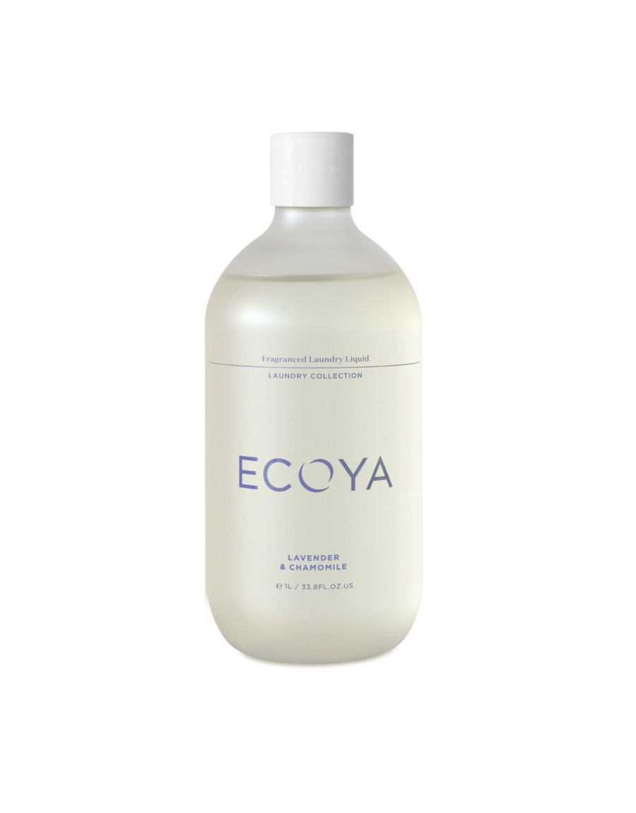 Ecoya Lavender and Chamomile laundry liquid, 1 litre frosted bottle on a plain white background