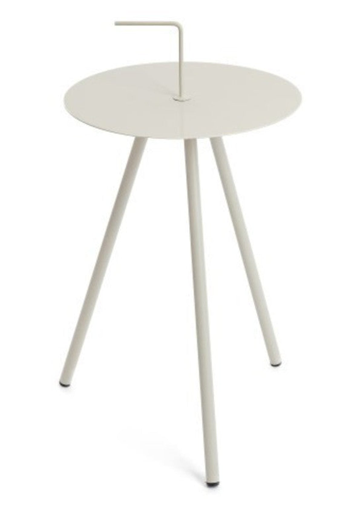 Etta side table in pale taupe iron, a round top on three slim legs with a centre carry handle, on white