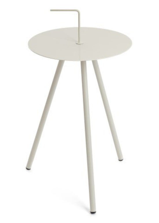 The Bovi Home Etta Taupe Metal Side Table is a limited edition round table with metal legs and a white top.