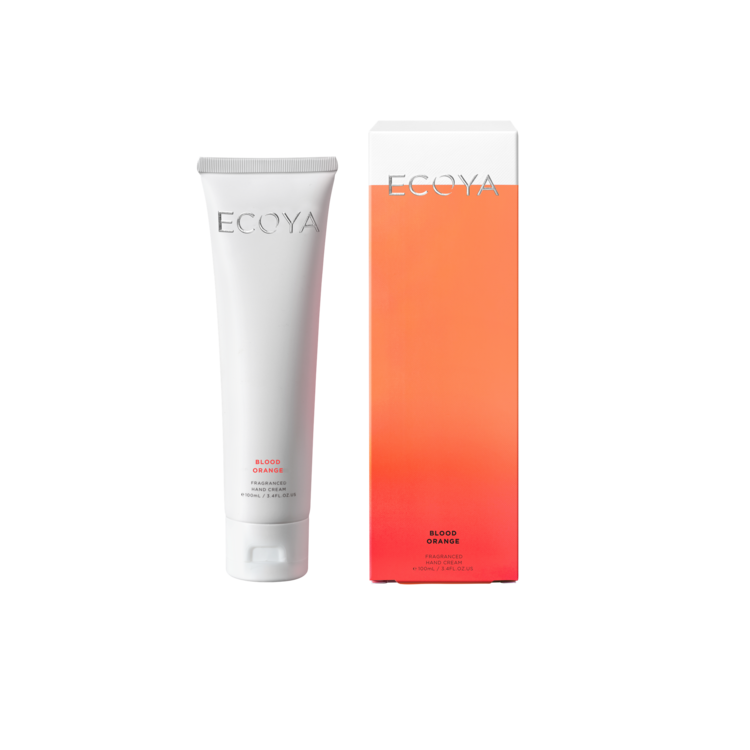 Ecoya Fragranced Handcream with a minimalist design in a tube and box on a black background, inspired by Scandinavian aesthetics.