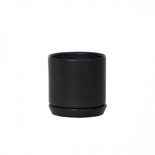Oslo Jet Black stoneware planter with matching saucer and drainage hole, minimalist cylindrical pot on white