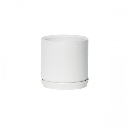 Oslo Ice White stoneware planter with matching saucer and drainage hole, minimalist cylindrical pot on white